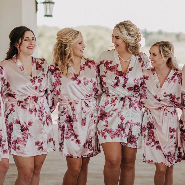 Blush Pink Satin Floral Bridesmaid Robes | Set of Getting Ready Robes | Bridal Party Proposal Gifts | Wedding Lingerie