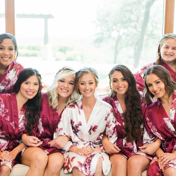 Satin Bridesmaid Robes Set Of | Bridesmaid Proposal | Bridal Party Pajamas | Silky Floral Robe | Wedding Gift