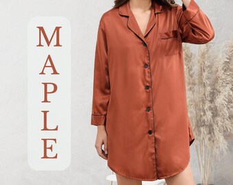 Maple Red Bridesmaid Sleepshirt | Maid of Honor Gift for Her | Satin Bride Button Down Sleep Shirt, Bridal Party Getting Ready Wedding