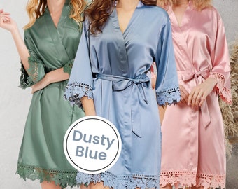 Set of Dusty Blue Satin Bridesmaid Robe | Lace Bridal Party Getting Ready Robes | Plus Size Lingerie Gifts | Wedding Ceremony Gift for Her