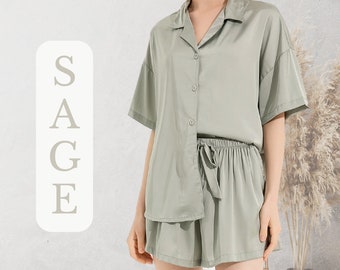 Sage Green Bridesmaid Pajama Set | Satin Bridal Party Getting Ready PJ Set | Wedding Gift for Her | Bridal Shower PJs Gift | Lingerie