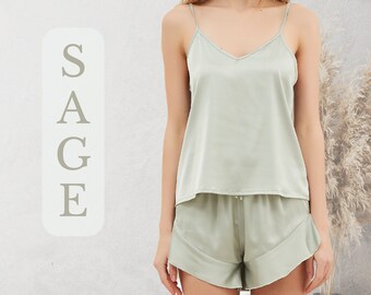 Sage Green Bridesmaid Camisole Gift Set | Forest Bridal Party Pajamas | Bridesmaid Gift | Bridesmaid Satin Cami PJ  Set | Satin Short Set