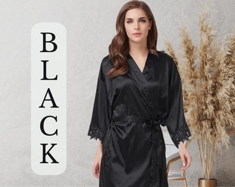 Black Satin Lace Trim Bridesmaid Robes | Silk Bridal Party Robe | Bridesmaid Proposal Gift | Wedding Robes | Set of Getting Ready Robes