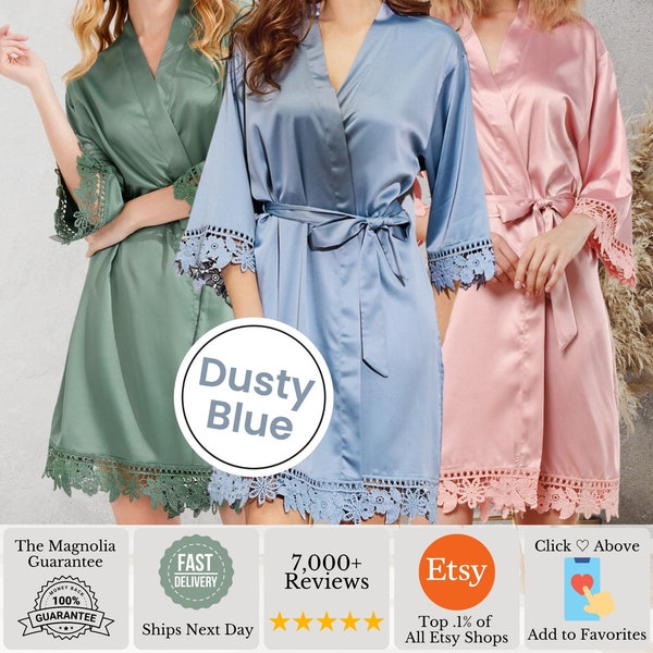Set of Dusty Blue Satin Bridesmaid Robe | Lace Bridal Party Getting Ready Robes | Plus Size Lingerie Gifts | Wedding Ceremony Gift for Her