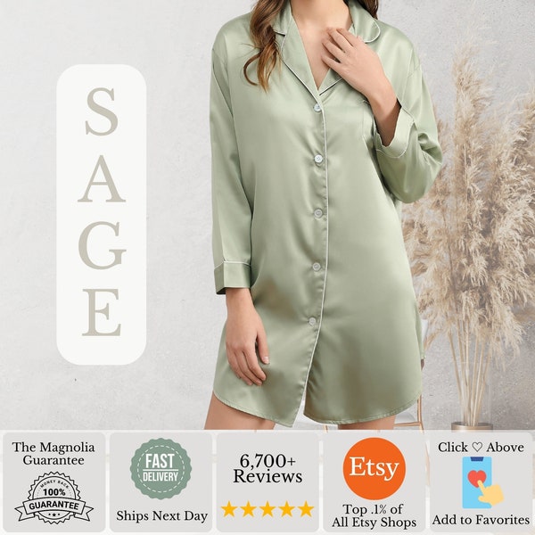 Sage Green Bridesmaid Getting Ready Sleep Shirt | Lingerie Wedding Gift for Her | Satin Oversized Bridal Party Sleepshirt, Bride Button Down