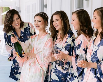 Satin Bridesmaid Robes | Bridal Party Robes | White Floral Bridal Robe | Bridesmaid Proposal | Flower Girl Robe | Set of Wedding Robes