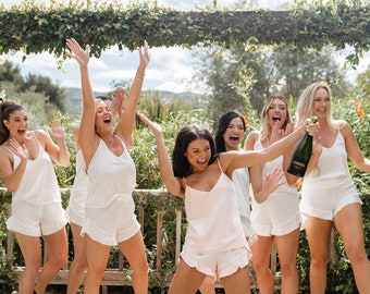 Satin Cami Pajama Set for Bridesmaids | Camisole Set | White Bridal Lingerie Set | Ruffle Shorts | Satin Short Set | Cami Set | Bridal PJs