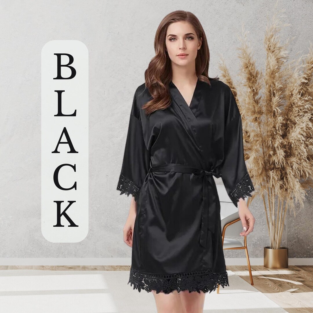 Satin Bridesmaid Robe With Floral Trim – Wedding Getting Ready Outfit – One Size, Pink