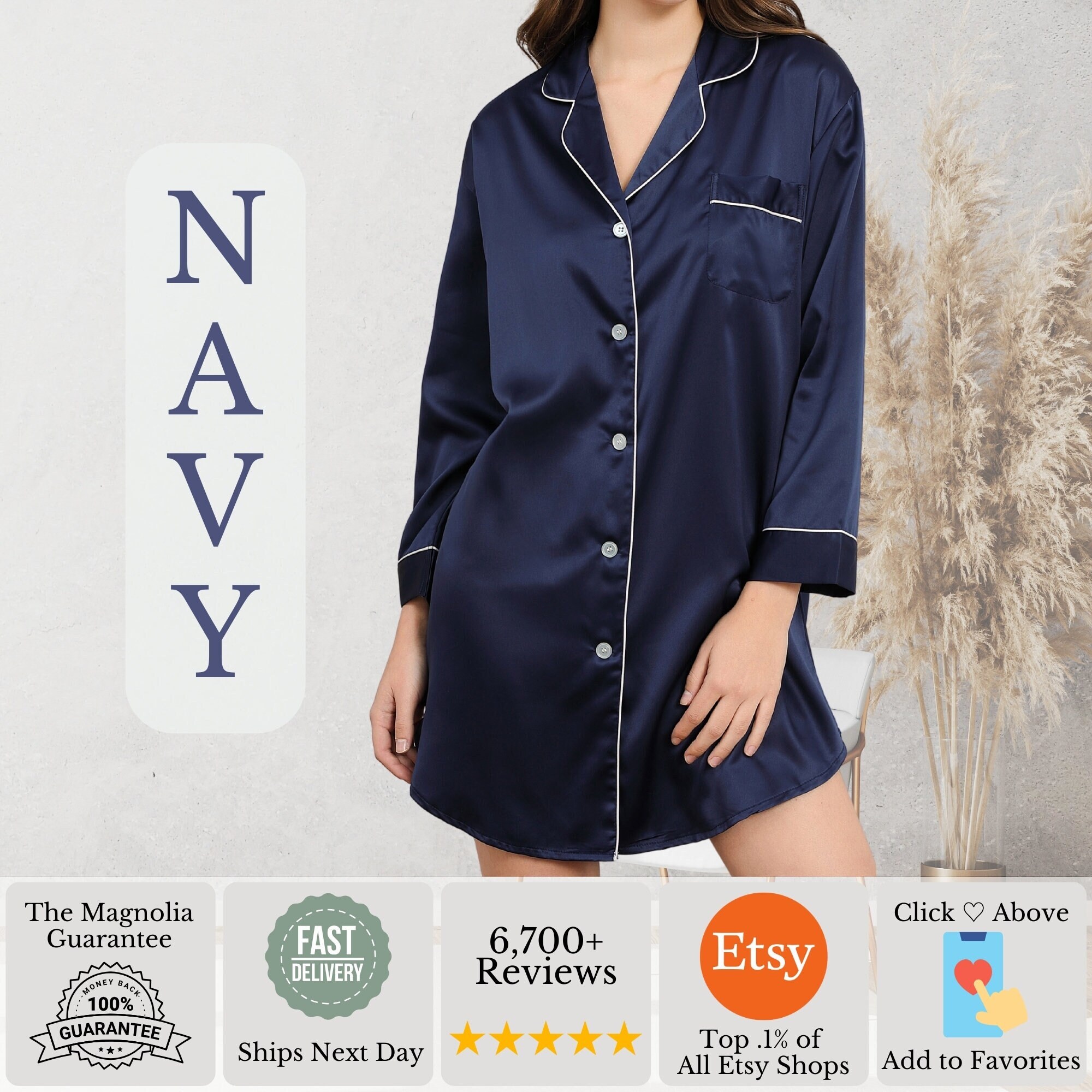 Navy Long Sleeve Bridal Party Sleepshirt | Satin Bride Button Down 