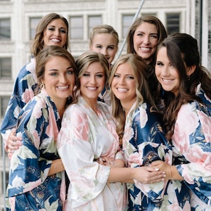 Satin Robe for Bridesmaid |  Floral Bridesmaid Robes | Navy Floral Bridal Robe | Bridal Party Proposal Gift | Set of Wedding Robes