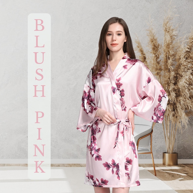 Blush Pink Bridesmaid Proposal Robes Bridal Party Robes Floral Satin Robes Flower Girl Robe image 1