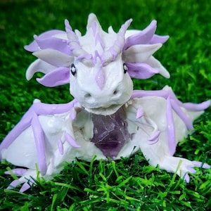 Amethyst Dragon Sculpture White & Purple Dragon Figurine Crystal Fantasy Dragon Statue Gemstone Chest Mythical Creature Collectible Gift
