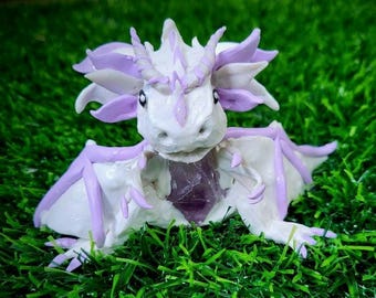 Amethyst Drache Skulptur White & Purple Dragon Figur Kristall Fantasy Dragon Statue Edelstein Truhe Fabelwesen Sammler Geschenk