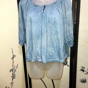 Periwinkle Peasant Top Light Blue Blouse Ruffled Neckline Single Button Closure 3/4 Sleeve Gathered Cuff Boho Cottagecore Festival Shirt