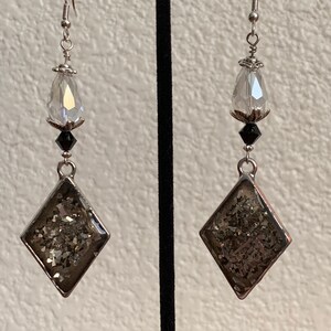 Diamond Dangle Earrings-Handmade-resin w/silver glitter, Swarovski & Glass beads, silver chain, Earwires.