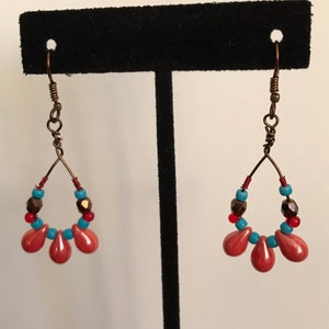 Handmade Earrings Teardrop Shape in Copper w/Turquoise and Coral Beads - Very Bobo, Perfect for Spring and Summer!!