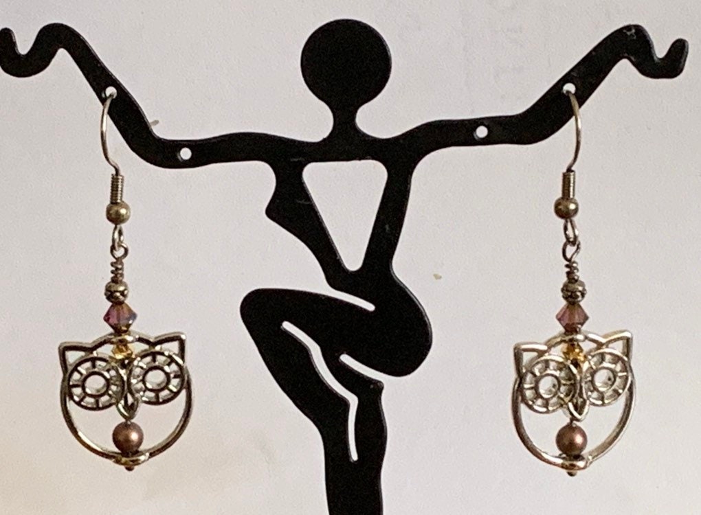 Owl Dangle Earrings Silver Handmade with Pink-Lilac Swarovski Crystals, and Silver Earwires-Very Cut