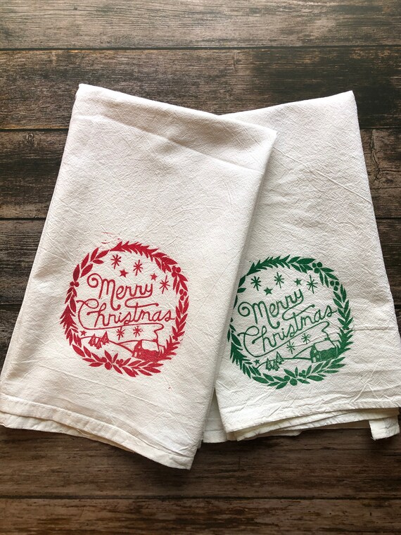 Christmas Dish Towels Block Printed Flour Sack Towels Etsy