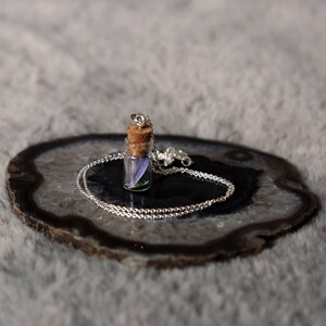 May include: A silver chain necklace with a small glass bottle pendant containing dried purple flowers. The bottle has a cork stopper and is on a dark grey agate slice.