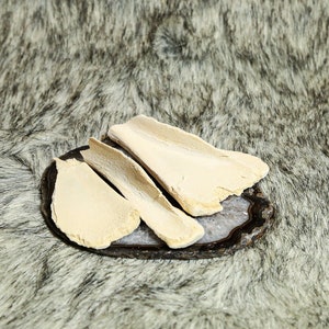 May include: Three beige-colored pieces of dried mushroom on a dark brown agate slice.