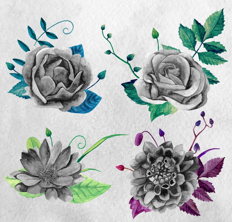 Black and white flowers clip art Watercolor bouquet Gray | Etsy