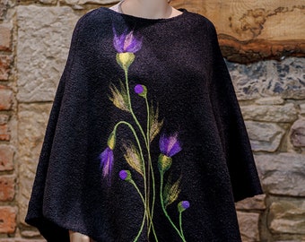 Handmade wool poncho, floral needle felted Merino Wool, Women Sweater Cape Wrap, Ladies Winter Clothes, womens gift ideas, hippie poncho