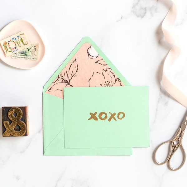 Custom and Handmade Gold Embossed, Mint Green & Blush Floral Stationery|XOXO Note Card, Stationery Letter| Stationery Gift Set
