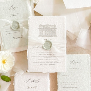 Suite de faire-part de mariage fait main Amina, illustration du lieu, papier frisé, papier fait main, faire-part de mariage en coton, caution