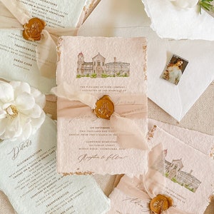 Suite de faire-part de mariage en papier coloré fait main Arianna, illustration aquarelle du lieu, papier taché, papier fait main, caution
