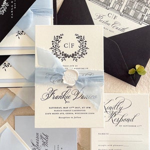 Ensemble de faire-part de mariage typographie Amalfi, monogramme personnalisé, faire-parts imprimés, suite nuptiale, papeterie de mariage, papier peint pour illustration de lieu