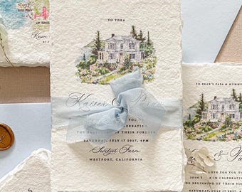 Luxury Wedding Invitation | Watercolor Venue | Custom Wedding Map | Handmade Paper | Cami