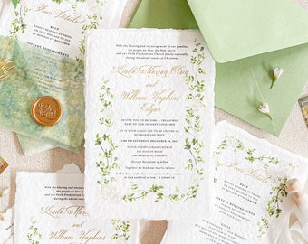 Emma Handmade Wedding Invitation Sets, Deckled Edge Invitations, Cotton Paper Invitations, Vellum Belly Band, Envelopes, Wax Seals, DEPOSIT