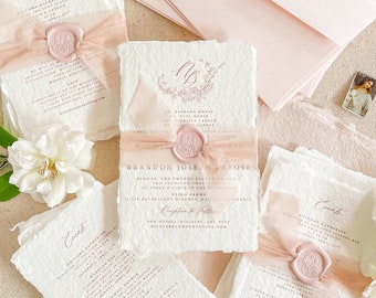 Wedding Invitations | Floral Rose Invites | Custom Monogram | Handmade Paper Deckled Edge Paper | Pretty Invites | Contact for Quote | Sol