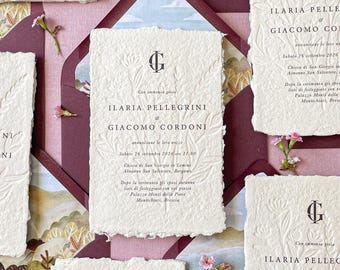 Embossed Wedding Invitations on Handmade Paper | Deckled Edge Paper Invitations | Cotton Paper Invitations | Boho Wedding Invites - Ailany