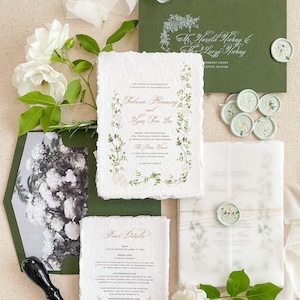 Parure de faire-part de mariage Adrianna en papier fait main, aquarelle de verdure, faire-parts bord frangé, papier coton, faire-part de mariage aquarelle, caution