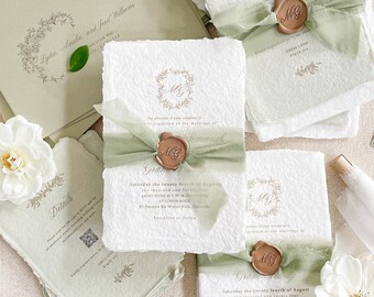 Wedding Invitations | Handmade Paper | Green Summer Wedding | Modern Calligraphy Wedding Suite | Contact for Quote | Crimson