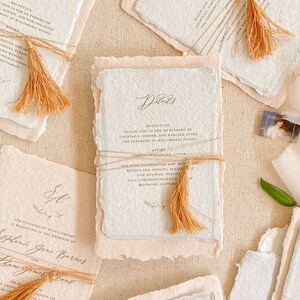 Maryam Tassels Colored Handmade Paper Wedding Invitation Suite, Deckled Edge Paper, Handmade paper, Cotton Wedding Invitations, DEPOSIT