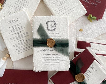 Wedding Invitations | Handmade Paper Invitations | Assembled with Silk Ribbons & Golden Wax Seals | Contact for a Quote - Asti