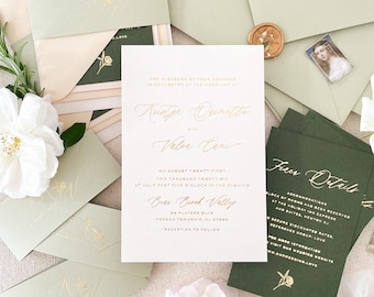 Lyla Real Hot Foil Wedding Invitation Sets, Golden Print Invitations, Matcha envelopes and belly bands, Premium paper Invitations - Deposit