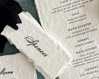 Handmade Wedding Place Cards | Deckle Edge Paper | Black Calligraphy | Personalized Guest Names | Dulce