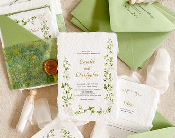 Melanie Handmade Paper Wedding Invitation, Deckled Edge Paper Invitation, Silk ribbons, Wax seals, Wedding Venue Invitation - DEPOSIT