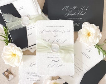 Gianna Handmade Wedding Invitations, Deckled Edge Paper Invitations, Silk Ribbons, Custom Wedding Invites - DEPOSIT