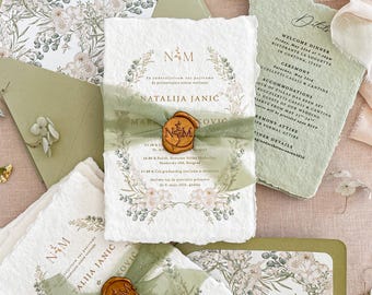 Watercolor Wreath Wedding Invitation | Handmade Deckle Edge Paper | Sage Ribbon Wax Seal | Botanical Wedding Suite | Elowen