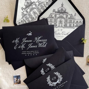 Black Envelopes and White Ink Printing, Custom Venue Illustration, Assembled Envelopes, Pack of x50, PLEASE CONTACT US before purchasing