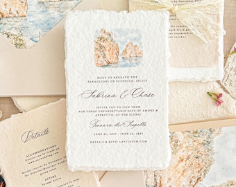Sicily Watercolor Wedding Invitation Suite | Handmade Deckle Edge Paper | Envelope Liners | Lace Ribbon | Ingrid