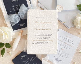 Ava Handmade Wedding Invitation Sets, Deckled Edge Paper Invitations, Cotton Paper Invitations, Silk Ribbons, Wax Seals, DEPOSIT