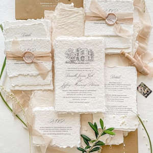 Faire-parts de mariage faits main Damaris, Faire-part de mariage dessiné main, Faire-parts bord frangé, Faire-parts en papier coton, DÉPT