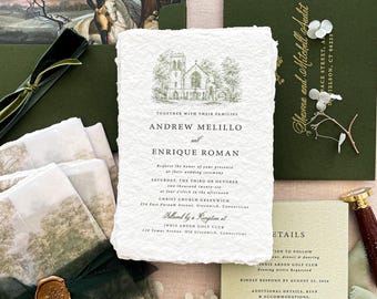 Luxury Handmade Paper Invitation | Green Wedding Suite | Elegant Design | Hand Drawn Venue | Soleil