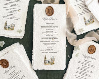Personalized Wedding Dinner Menus | Handmade Deckle Edge Paper | Wax Seal | Watercolor Woodland | Yelena