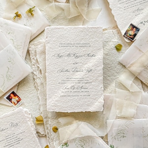 Faire-part de mariage en papier fait main pivoine, faire-parts de mariage bords tagués, fait main minimaliste, faire-part de mariage imprimés, papier de coton, caution